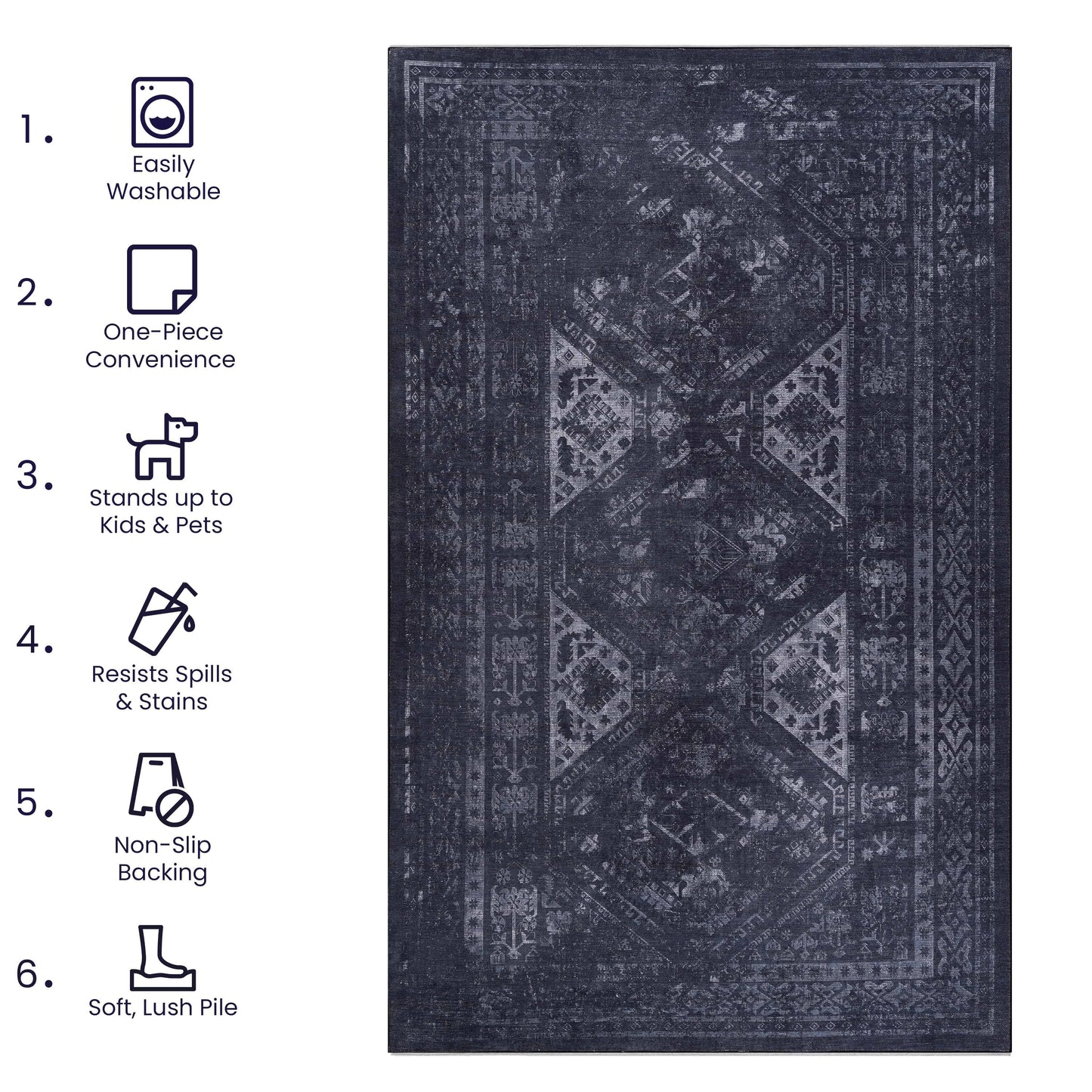 MAVAL Black Washable Rug 2' X 3' Doormat Gray,