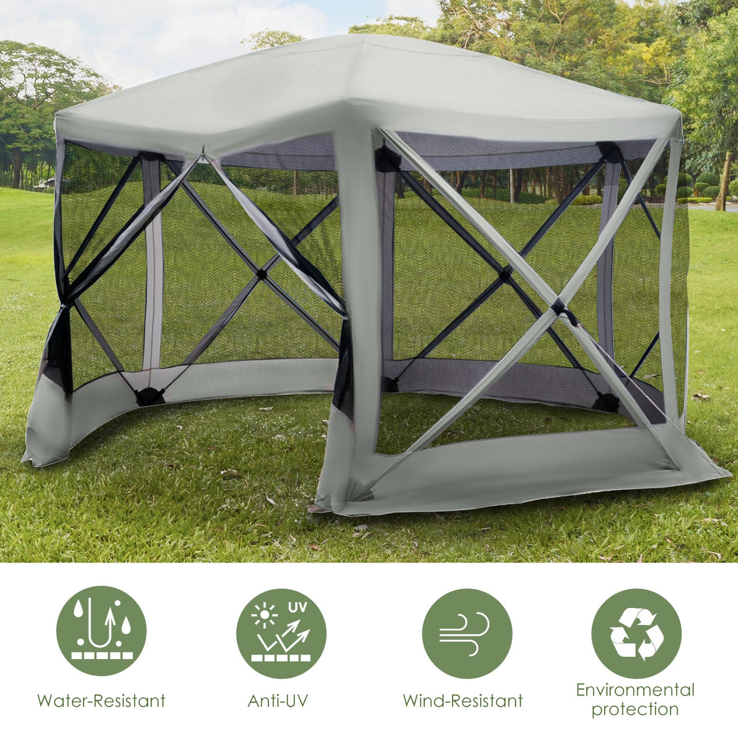 12x12 Hexagon Pop Up Party Tent with Mesh Walls - Beige