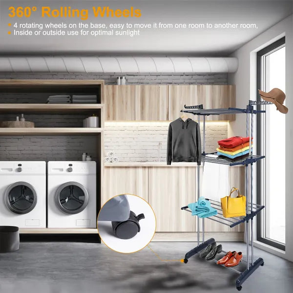 Clothes Drying Rack Rolling Collapsible Laundry Dryer Hanger Stand