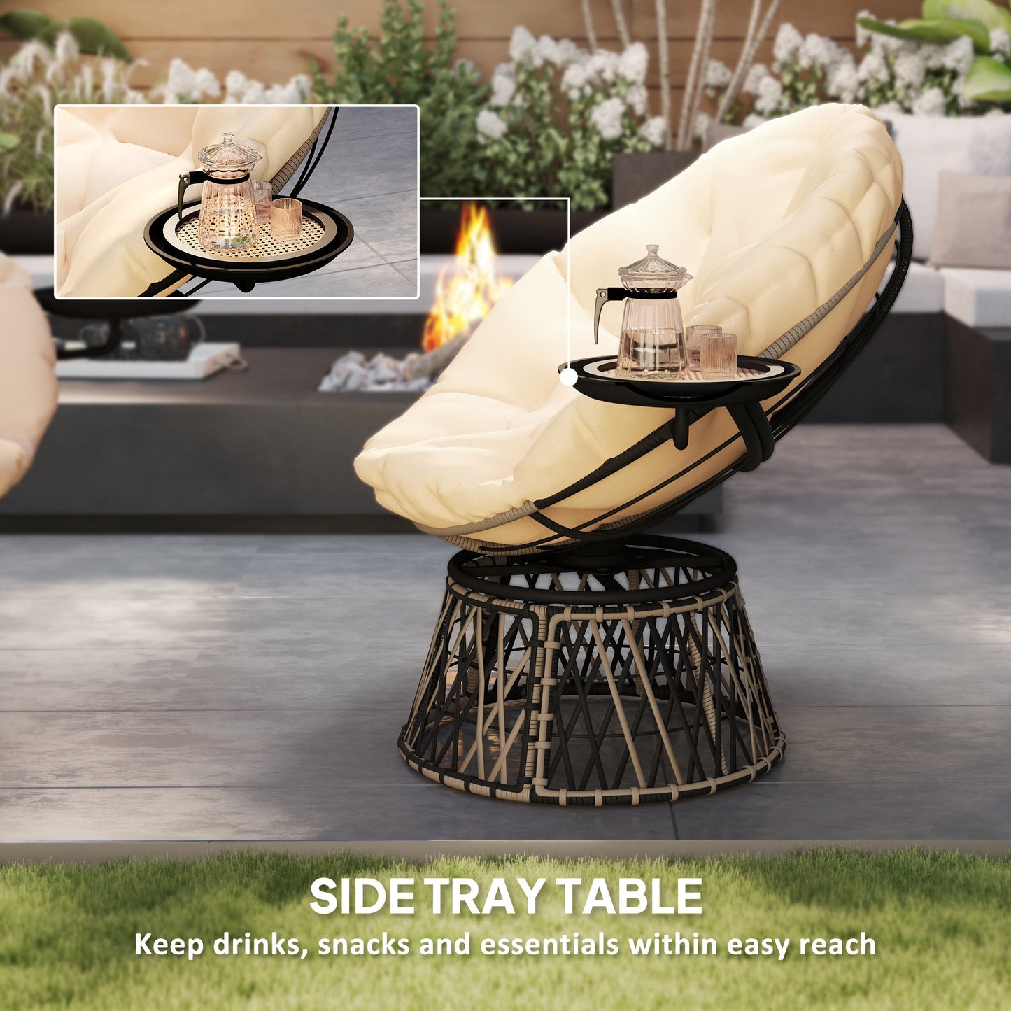 360° Swivel Papasan Chair with Side Tray - Beige