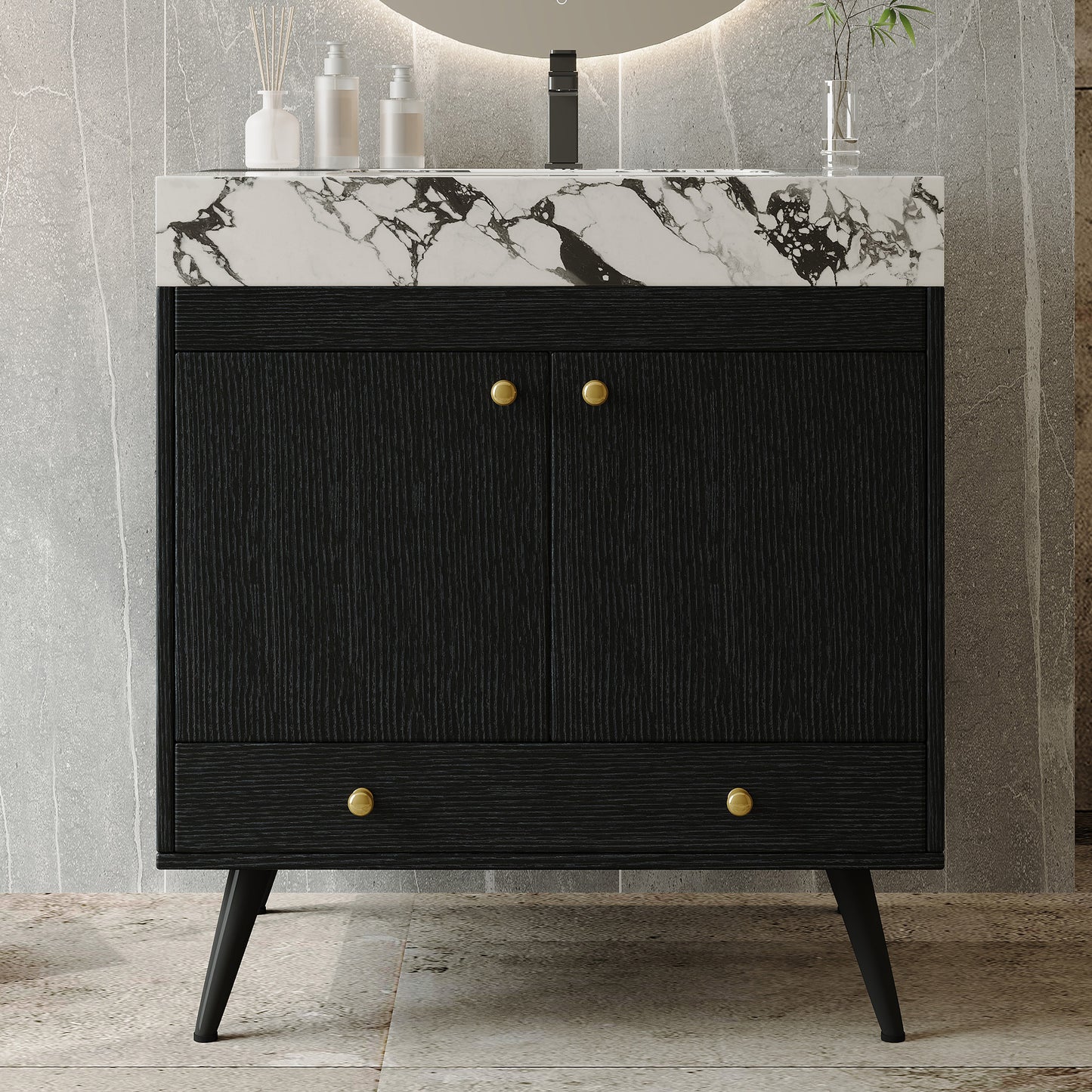 Contemporary Free-standing Bathroom Vanity with Faux Marble Top - 30" Double Door Storage Cabinet