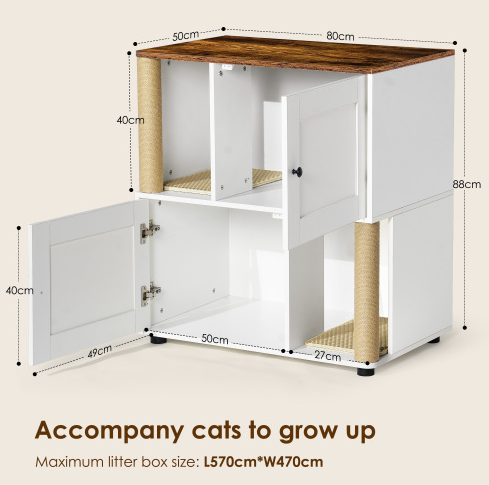 Double Cat Litter Box Enclosure Cabinet for 2 Cats with Shelves White Vintage