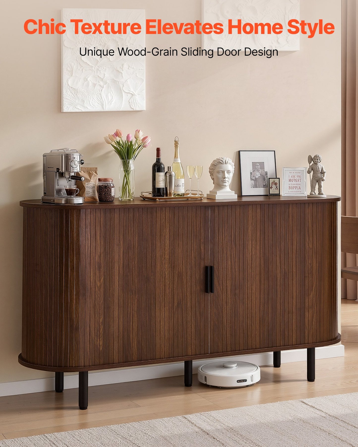 Mid Century Coffee Bar Cabinet with Sliding Doors - Walnut Finish