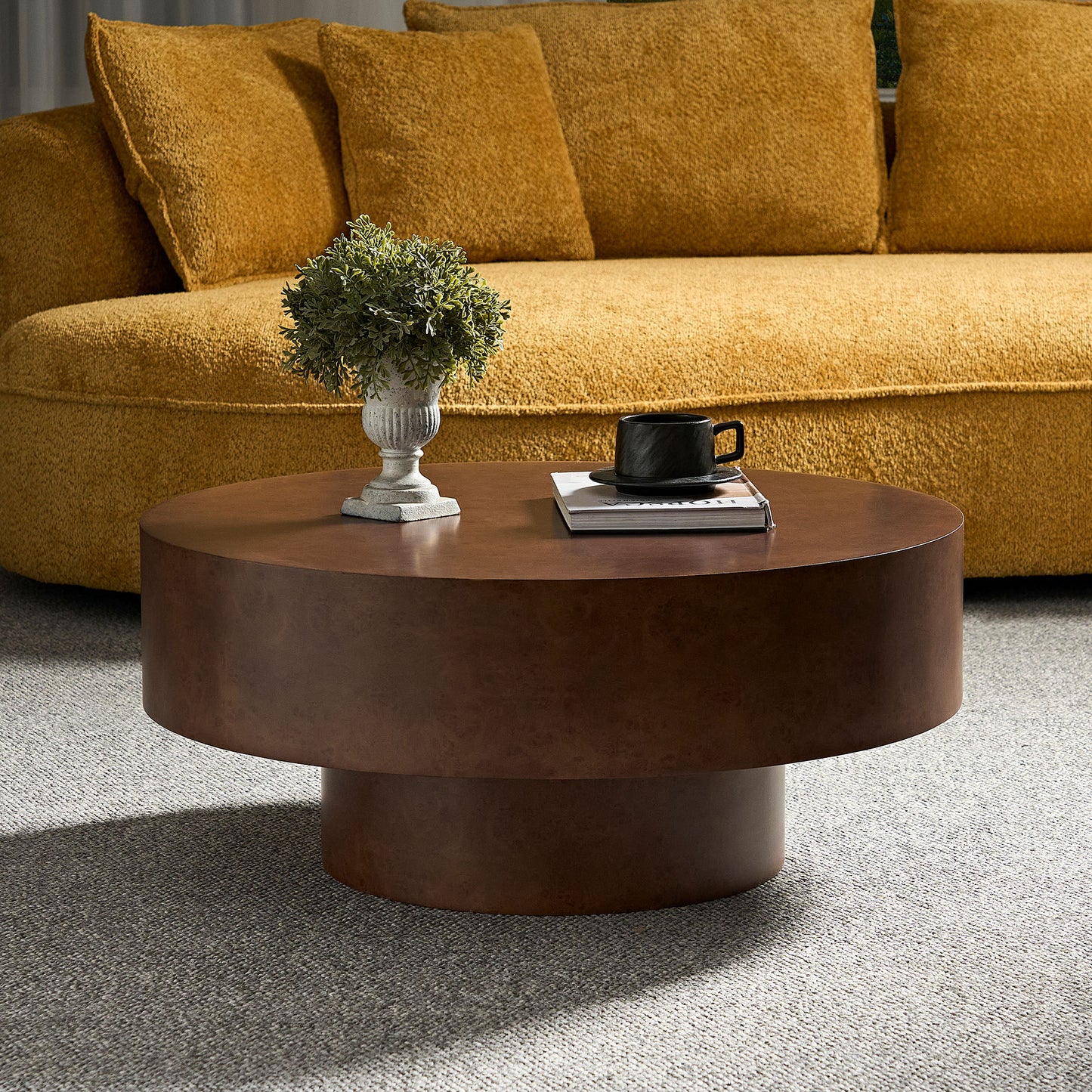 31.49" Faux Burl Wood Coffee Table with Sturdy Pedestal - Walnut