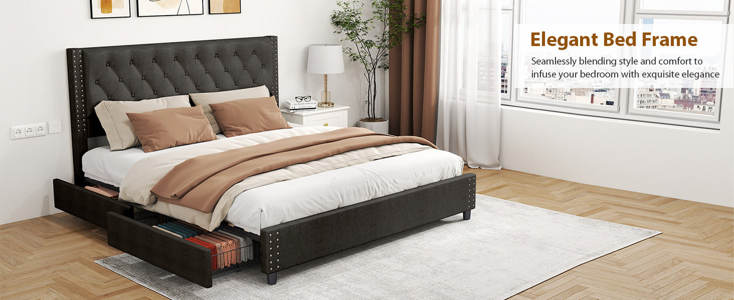 King Size Upholstered Bed Frame with Storage Drawers - Velvet Headboard