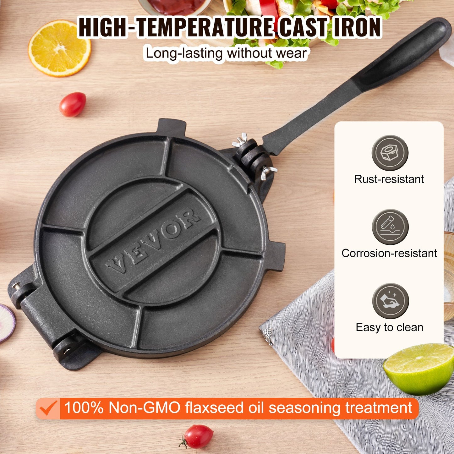 10-Inch Cast Iron Tortilla Press - Heavy Duty Roti & Dough Maker with Parchment Paper