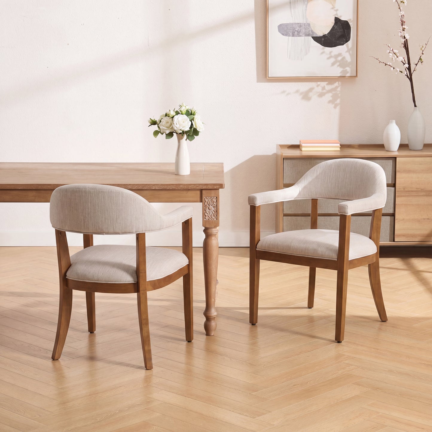 Upholstered Dining Chairs with Armrests - Set of 2, Walnut & Beige