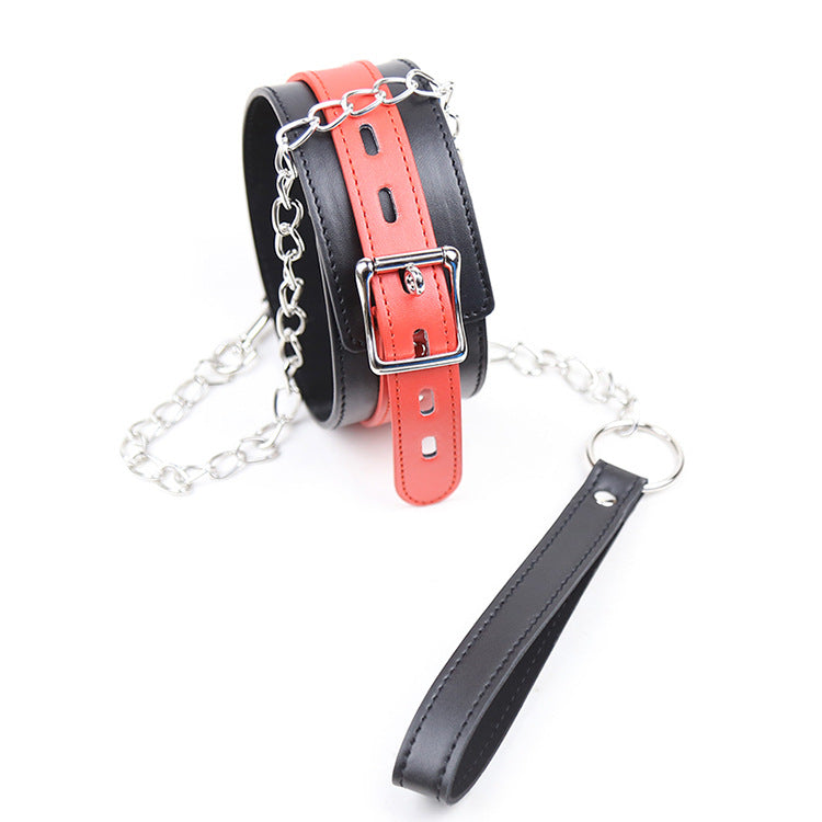 Pet Collar with Drag Chain - Leather Black and Red Lock for Male and Female