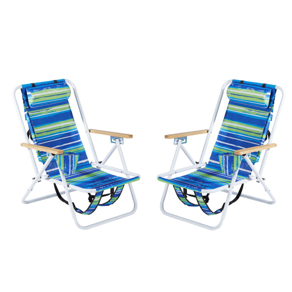 Folding Beach Chair Set of 2 - 4-Position Portable Camping Chairs with Headrest and Cup Holder