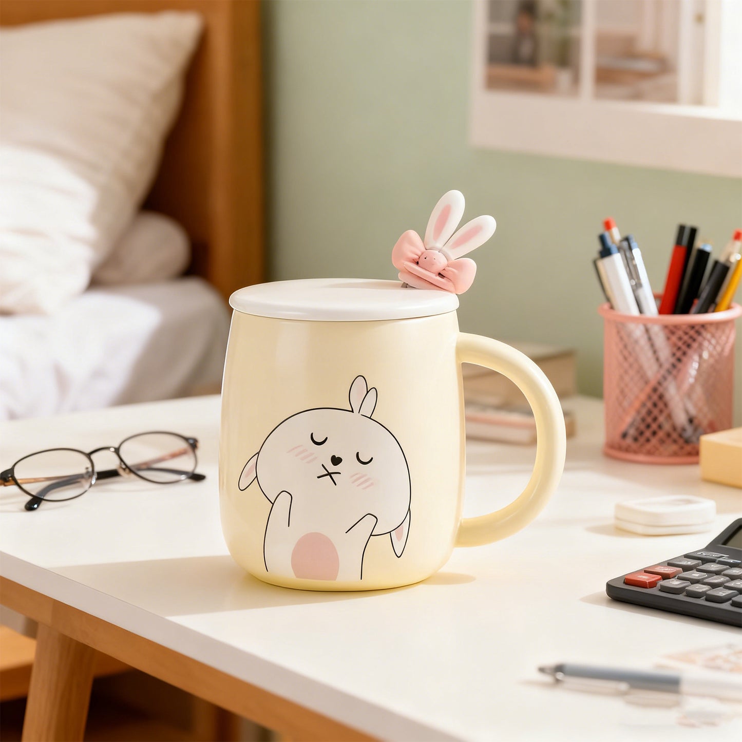 Light Blue Rabbit Bow Ceramic Mug - Cute Drinkware
