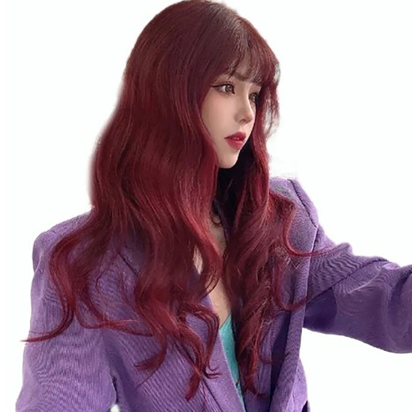 Long Wavy Synthetic Wig with Bangs - Wine Red Heat-Resistant Fiber