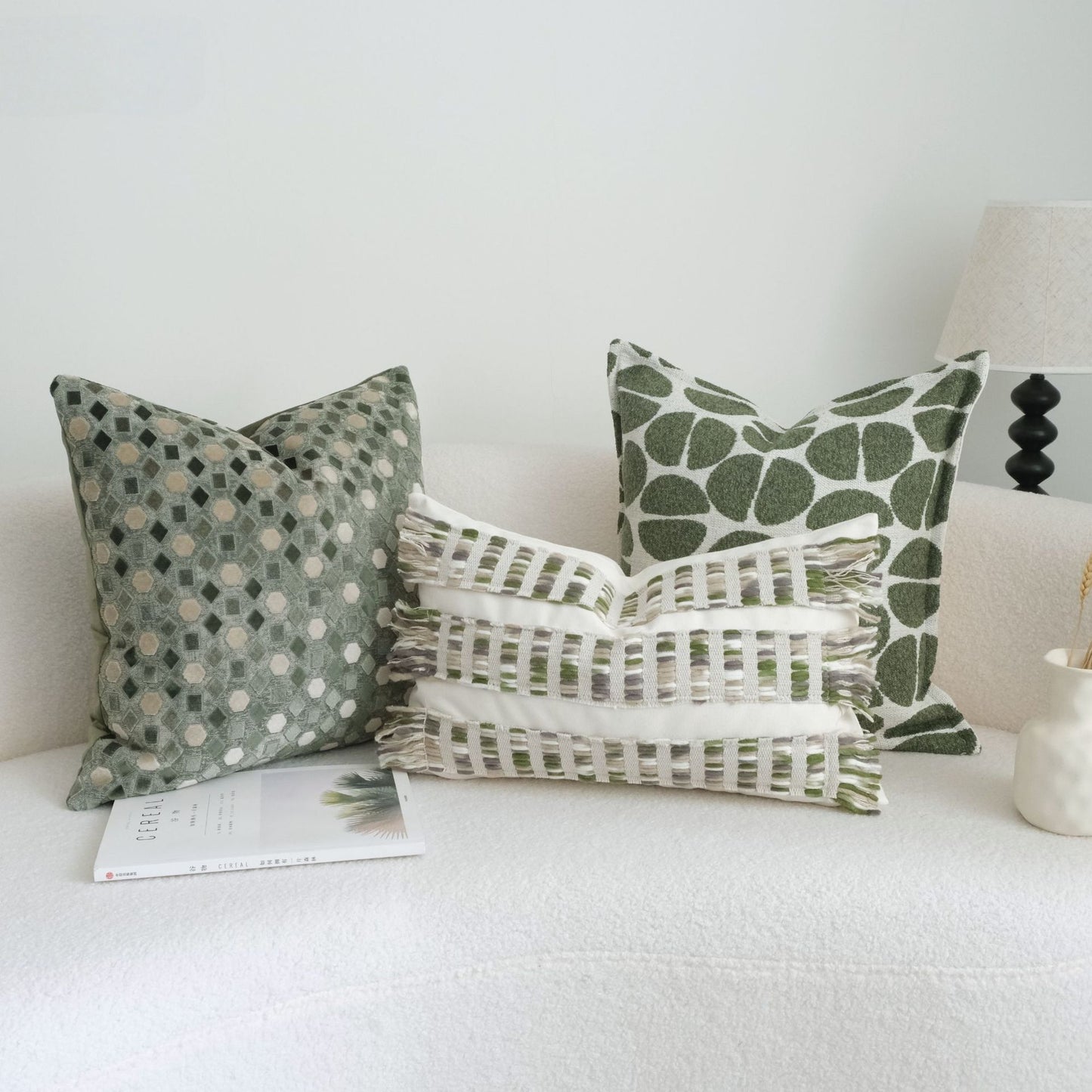 Green Toned Drawstring Cushion Cover - Coarse Linen Backrest Pillow