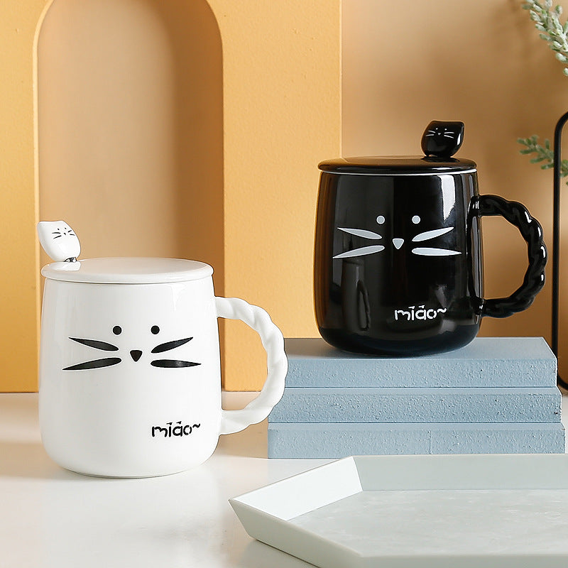 Ceramic Water Cup with Lid and Spoon - Cartoon Style, 401-500ml