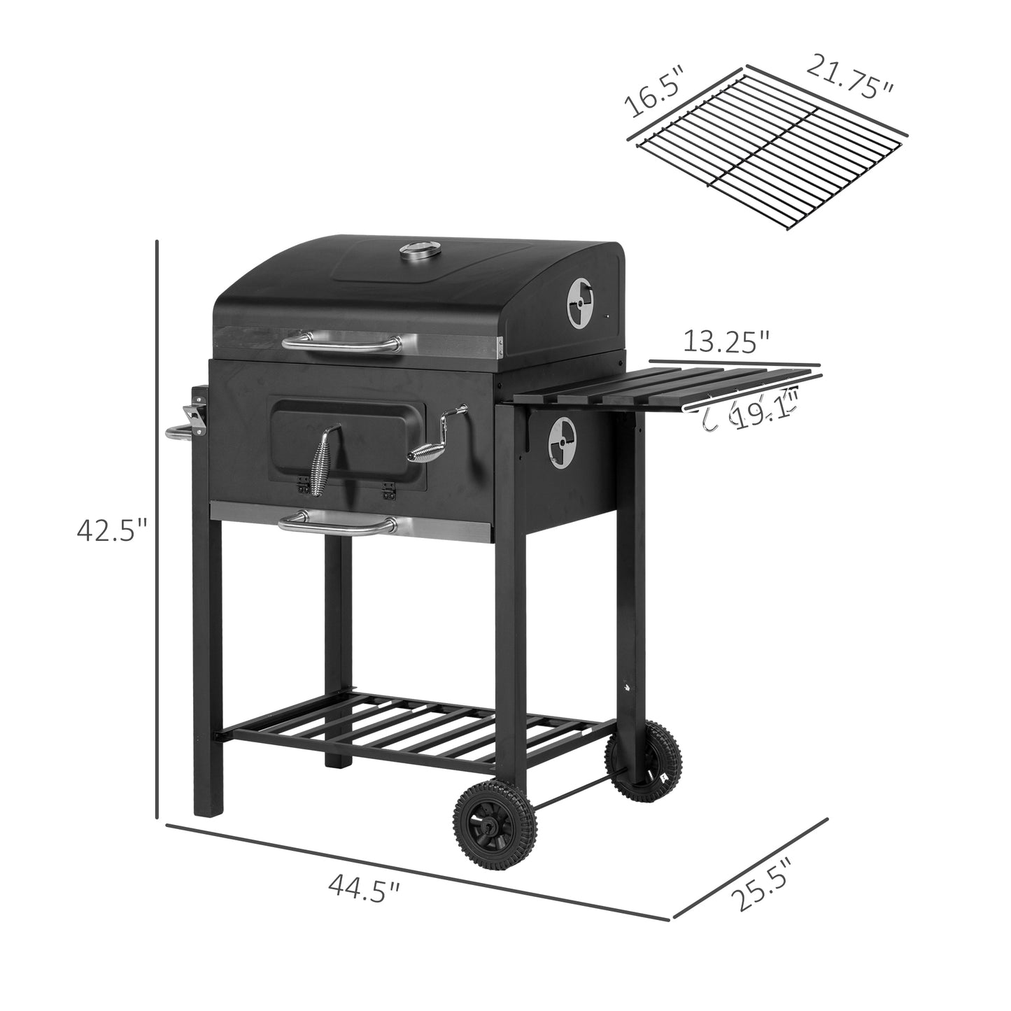 Portable Charcoal BBQ Grill and Smoker Combo with Side Shelf - Black