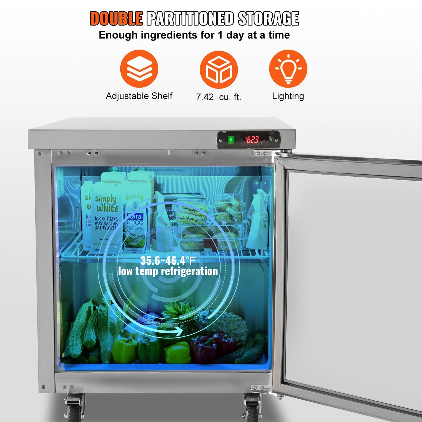 28-Inch Commercial Undercounter Refrigerator - 7.4 Cu Ft Stainless Steel Food Prep Station with Lock & Fan Cooling