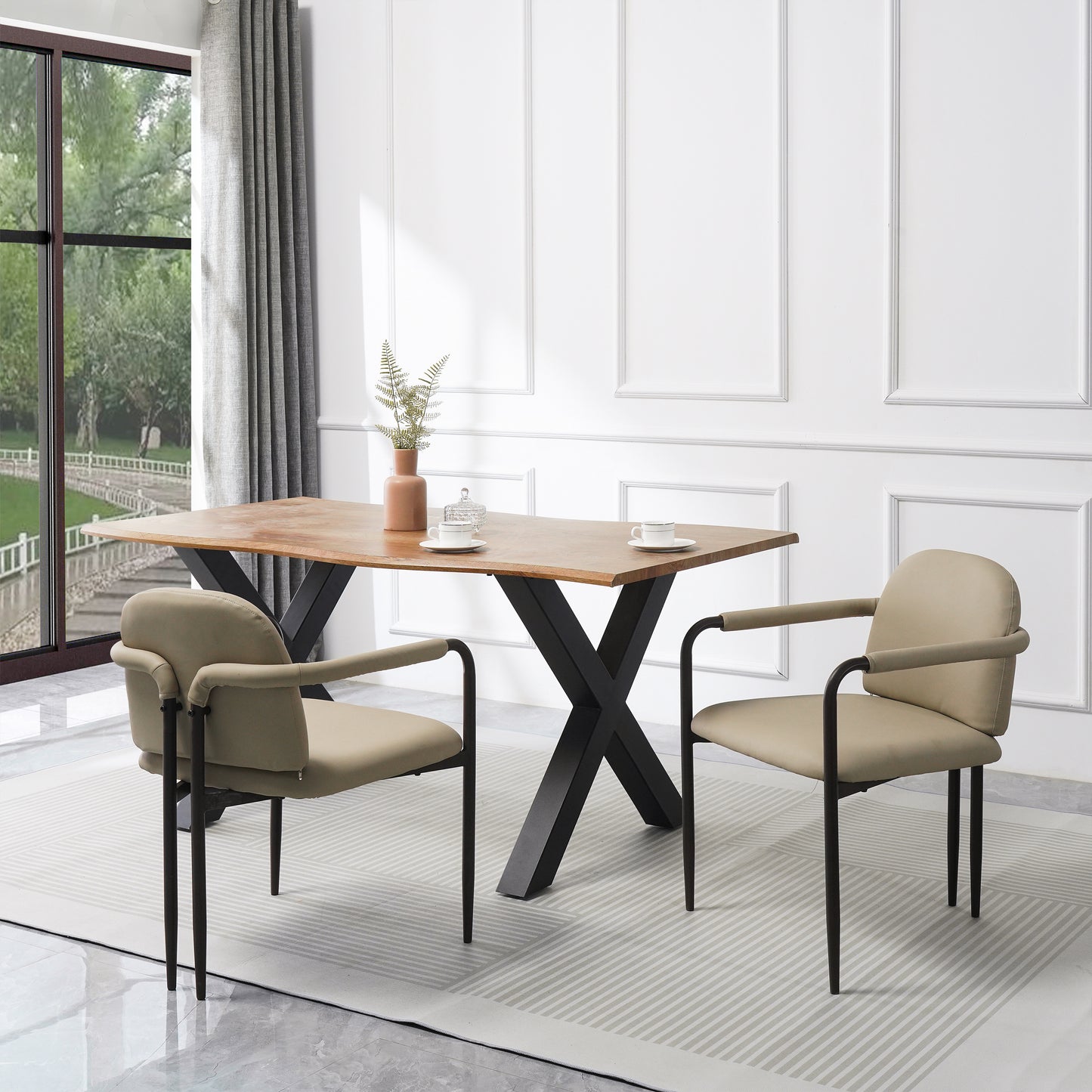 Set of 2 Dining Chairs with Iron Frame - Espresso & Khaki