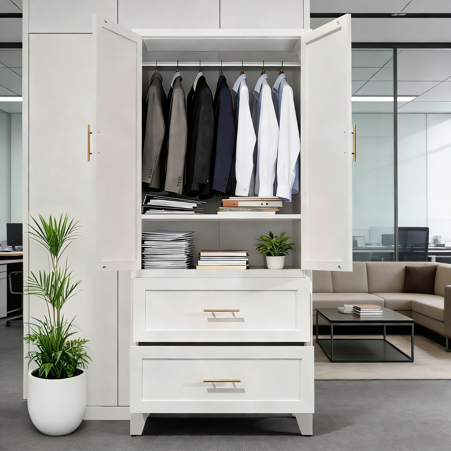 71" Tall Metal Wardrobe Cabinet with 2 Drawers and Hanging Rod - White