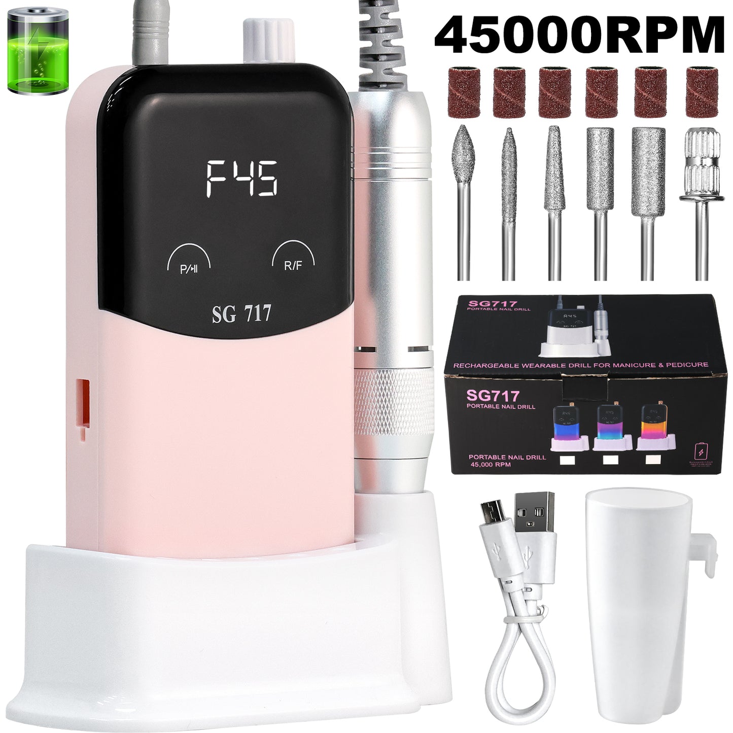 Professional 45000RPM Electric Nail Drill Kit - Rechargeable Portable E-File