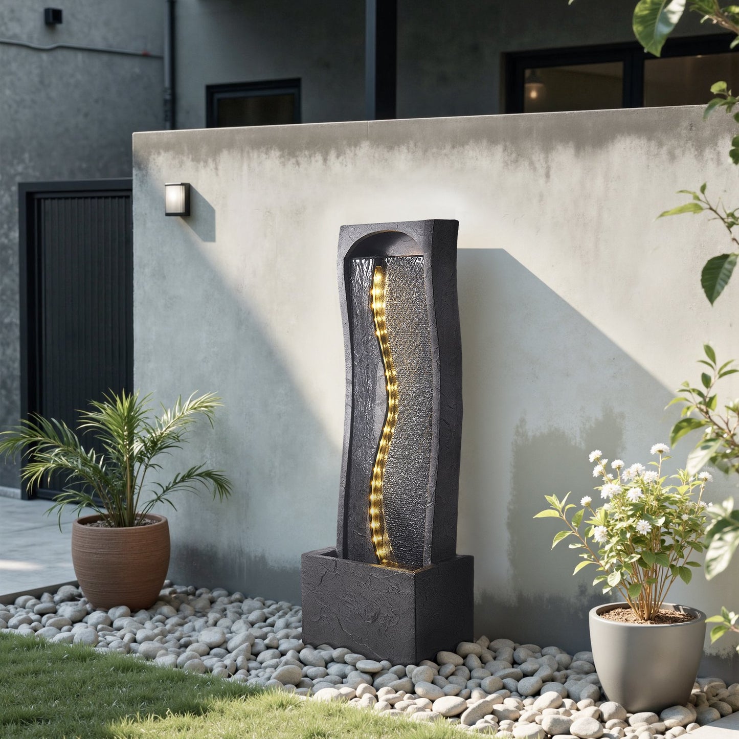 Outdoor Water Fountain 1-Tier Rock Base Style 38.58 Inch Garden Fountain - Grey