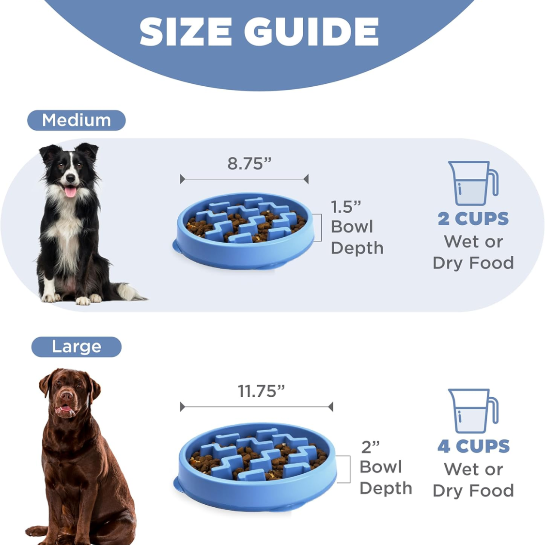 Medium Slow Feed Dog & Cat Bowl 2-Cup Capacity Non-Slip Blue Puzzle Feeder
