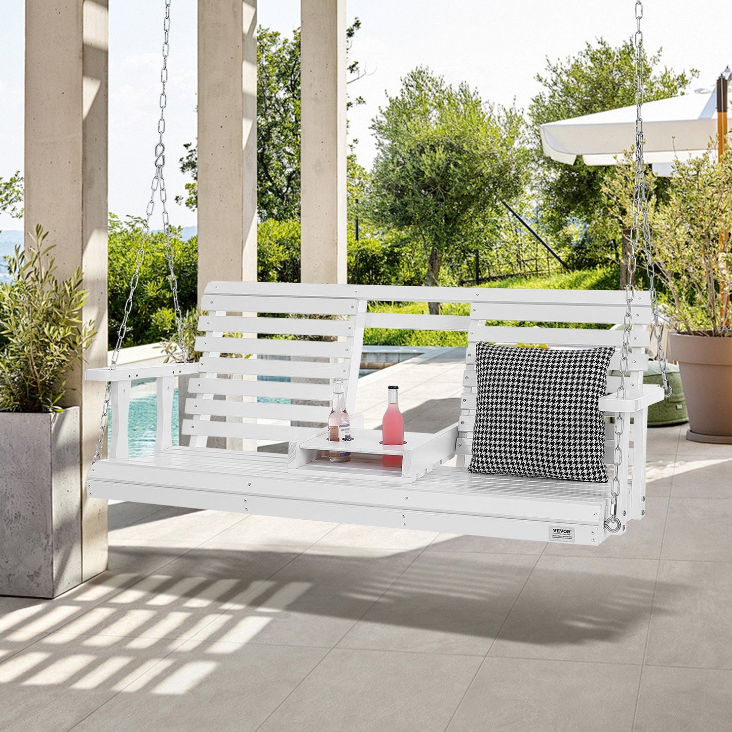 Heavy Duty Wooden Porch Swing 5 Ft with Steel Chains & Weatherproof Finish - White