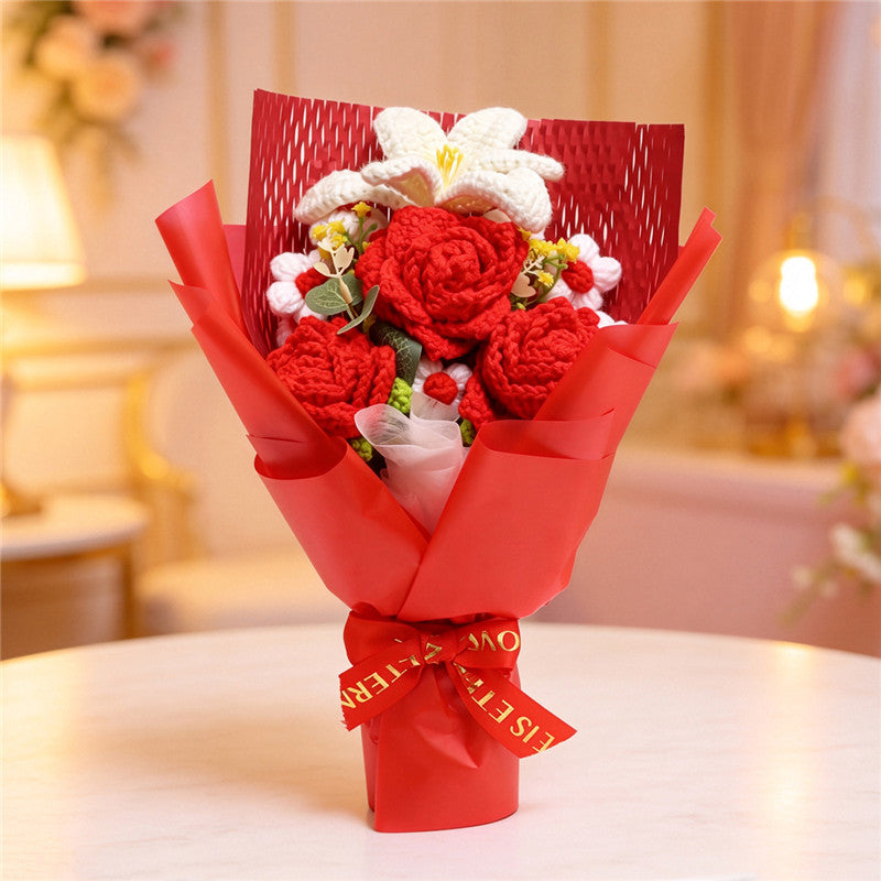 Crochet Flower Bouquet Red Roses & White Lilies Handmade Home Decor Gift