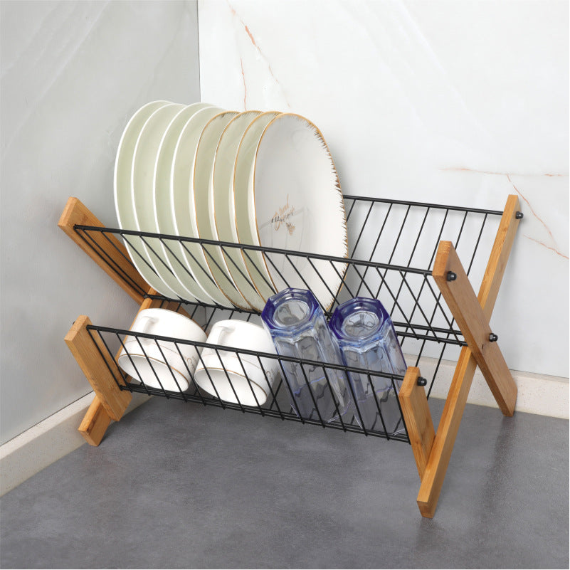 Folding Bamboo Kitchen Dish Draining Storage Rack with Steel Frame