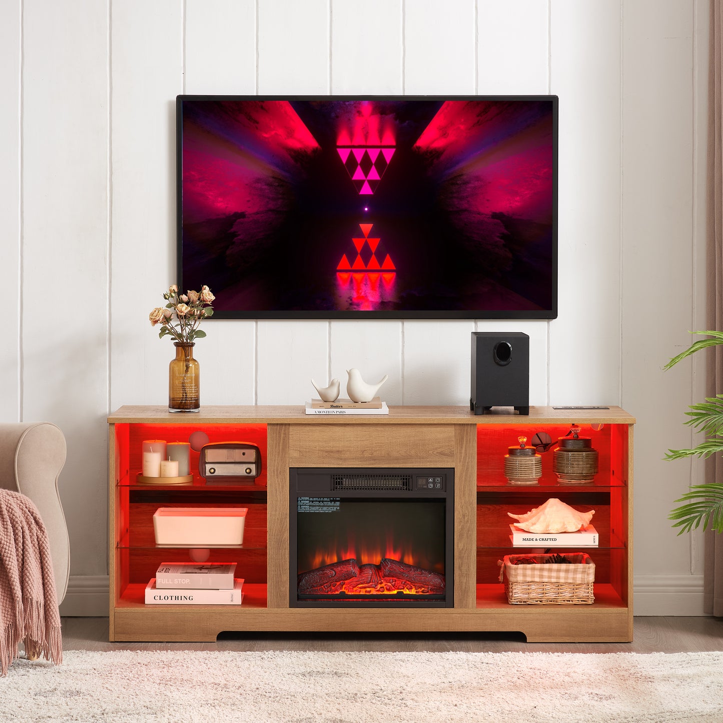 TV Stand Electric Fireplace With Glass Shelves, 3D LED Lights Wood