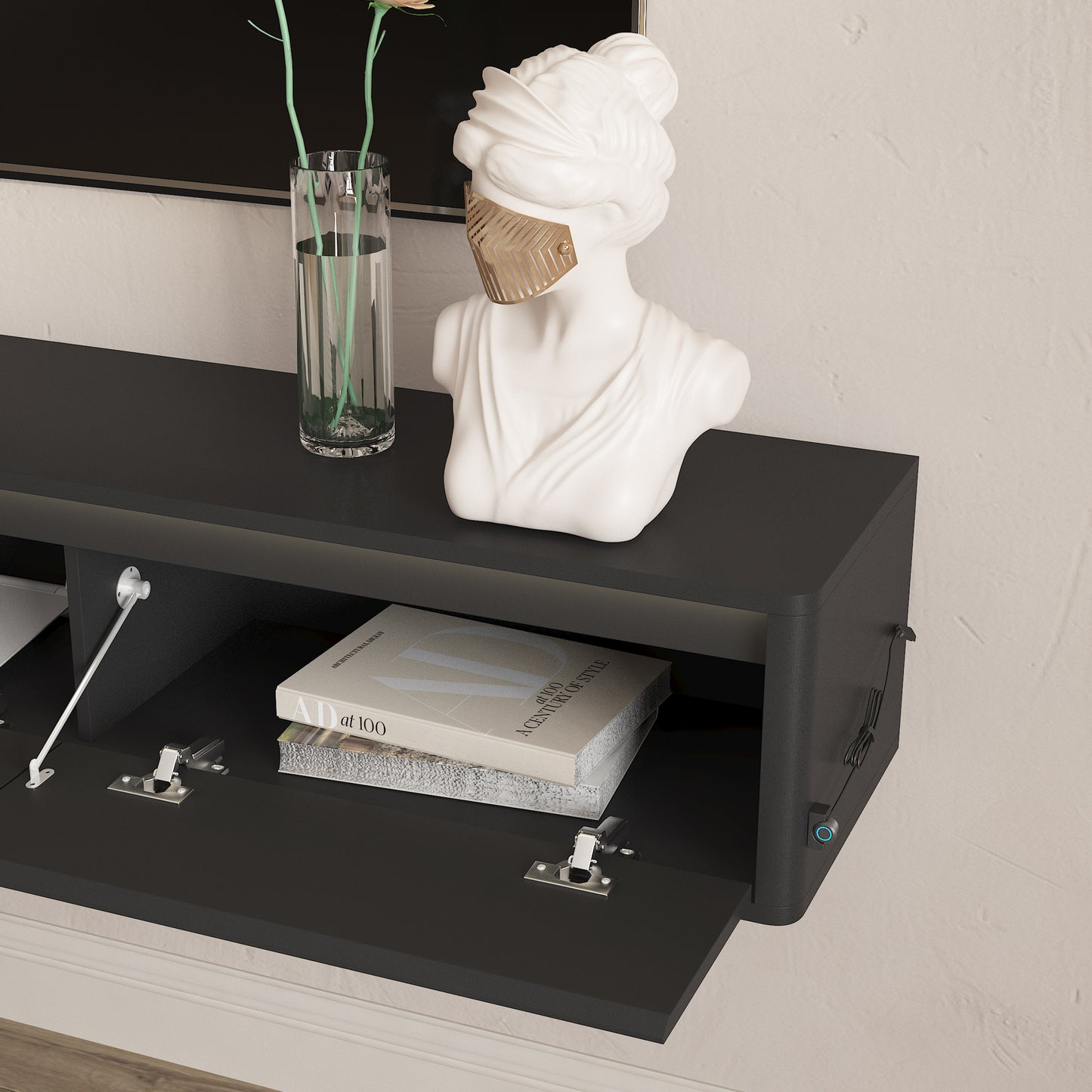 Wall Mounted Floating TV Stand with LED Lights & Power Outlet - Black