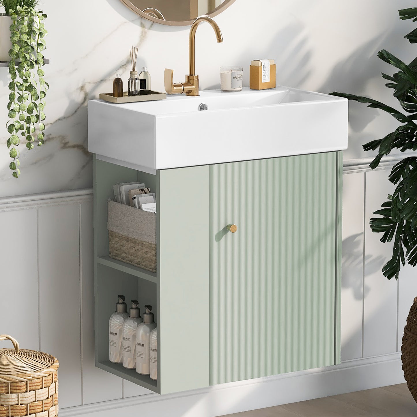 21.6 Inch Floating Bathroom Vanity with Ceramic Basin - Green