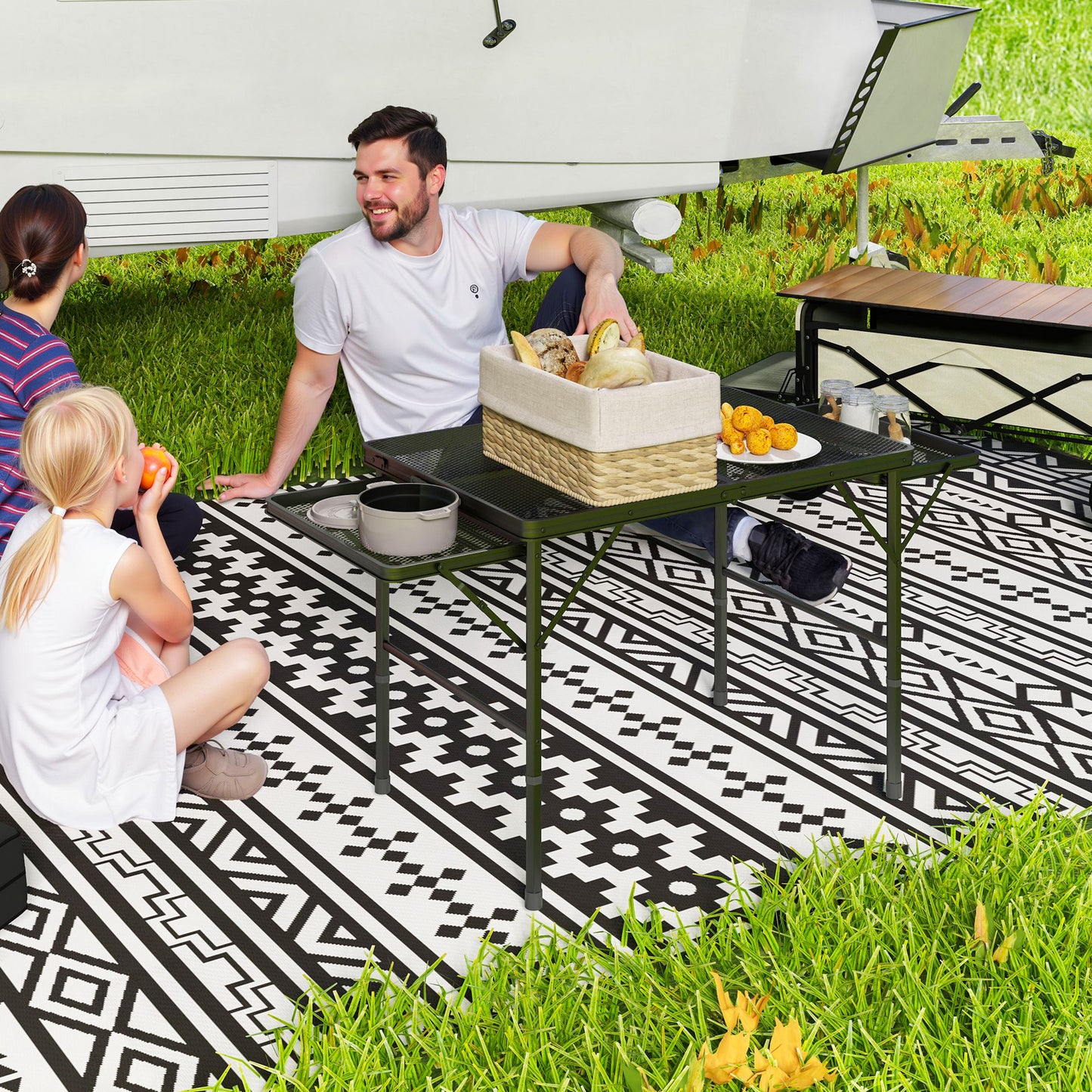 Portable Folding Camping Table - 4.5ft Height Adjustable with Wing Panels - Black