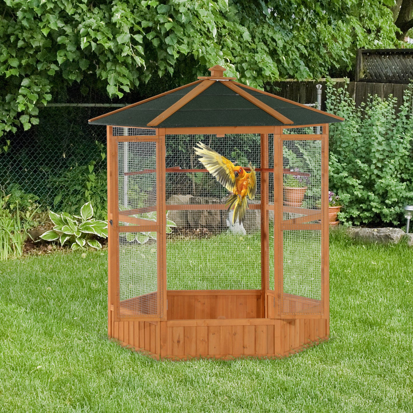 69-Inch Wooden Hexagonal Outdoor Bird Cage with Cover Roof Brown