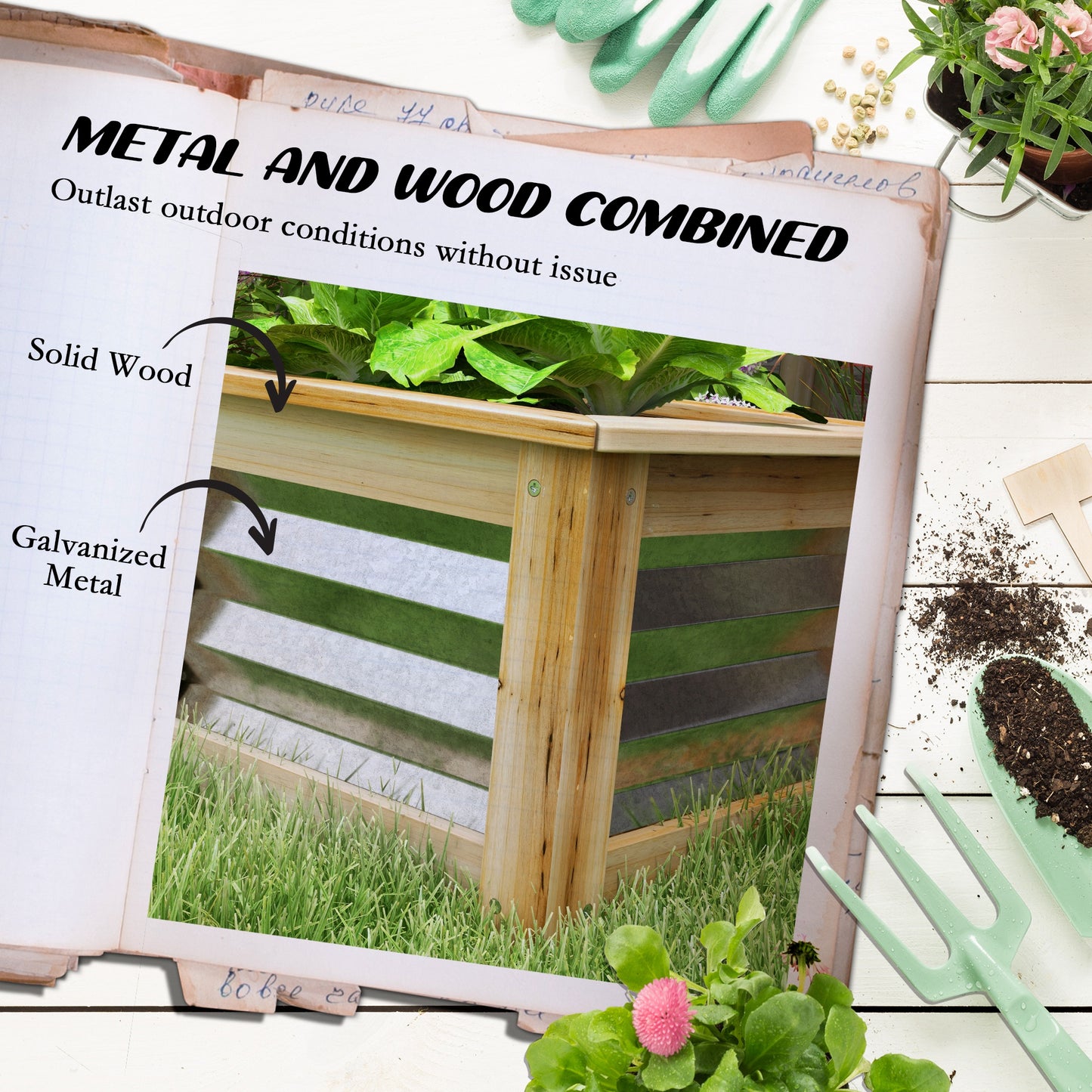 Set of 2 Raised Garden Beds with Metal and Wood Frame - Outdoor Planter Boxes for Herbs and Vegetables