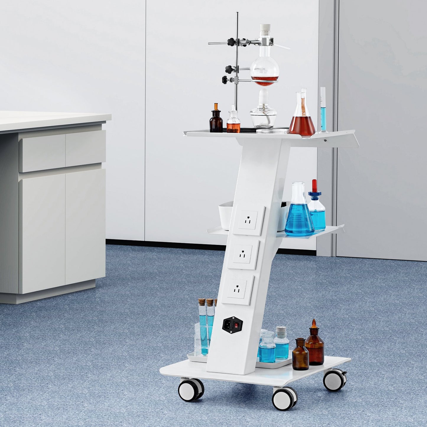 Mobile Lab Trolley with Built-In Socket - 3-Tier Rolling Cart - White