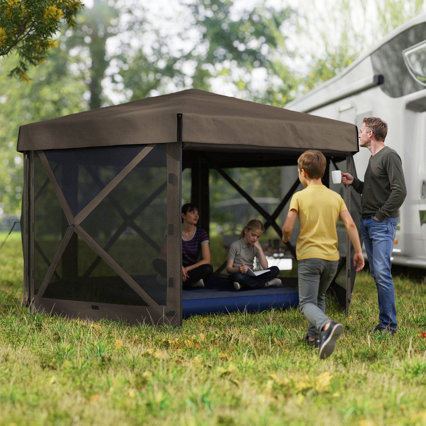 12x12 Hexagonal Pop-Up Canopy Tent with 5 Sidewalls - Brown