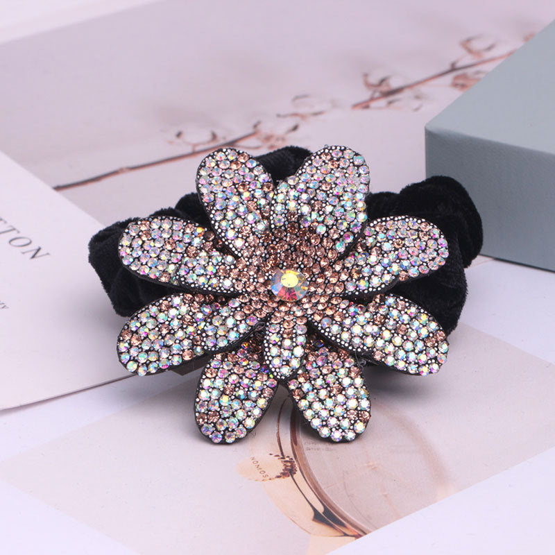 Ethnic Fabric Flower Hair Ring with Rhinestones