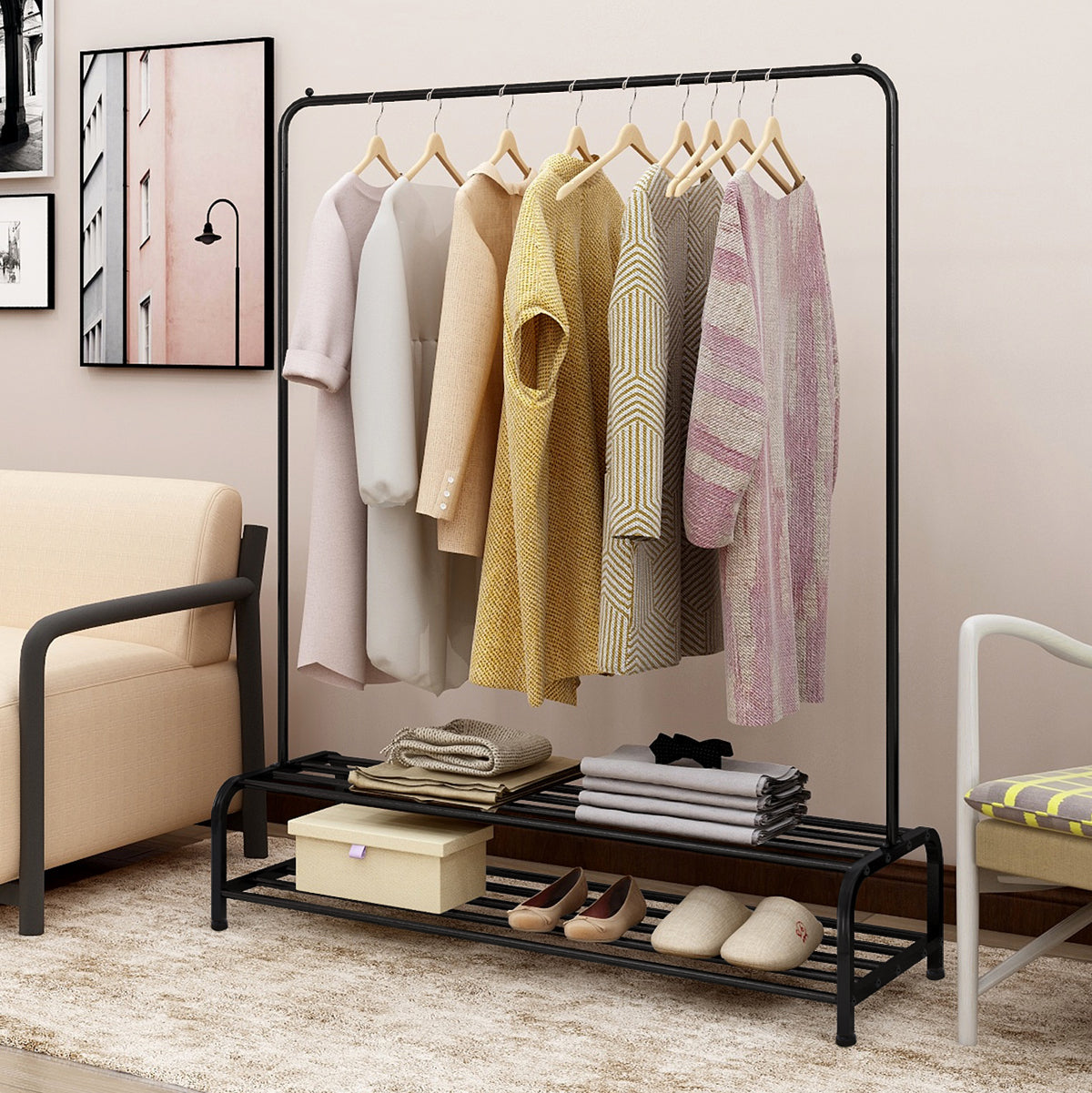 Heavy Duty Metal Garment Rack with Bottom Shelf - Black