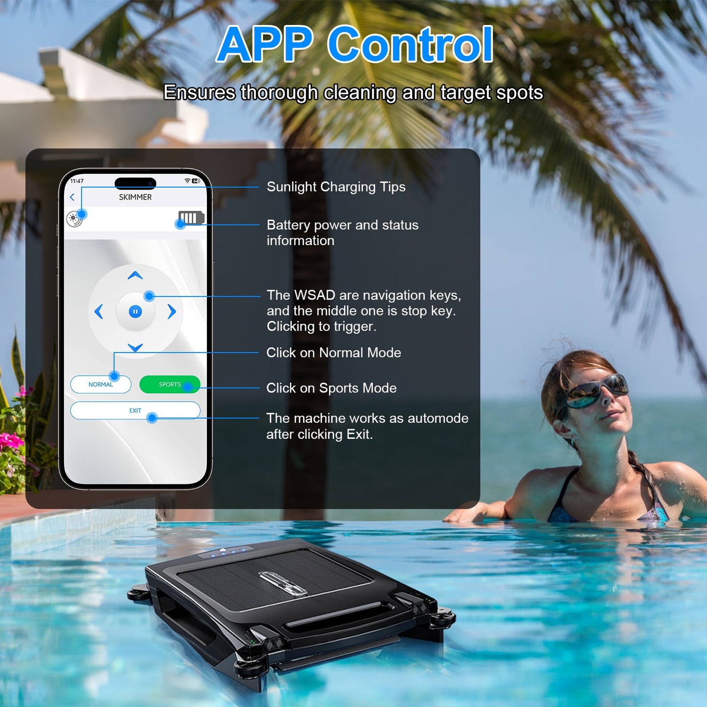 Solar Powered Robotic Pool Skimmer with APP Control, Dual Cleaning Modes, 1937sq.ft Coverage