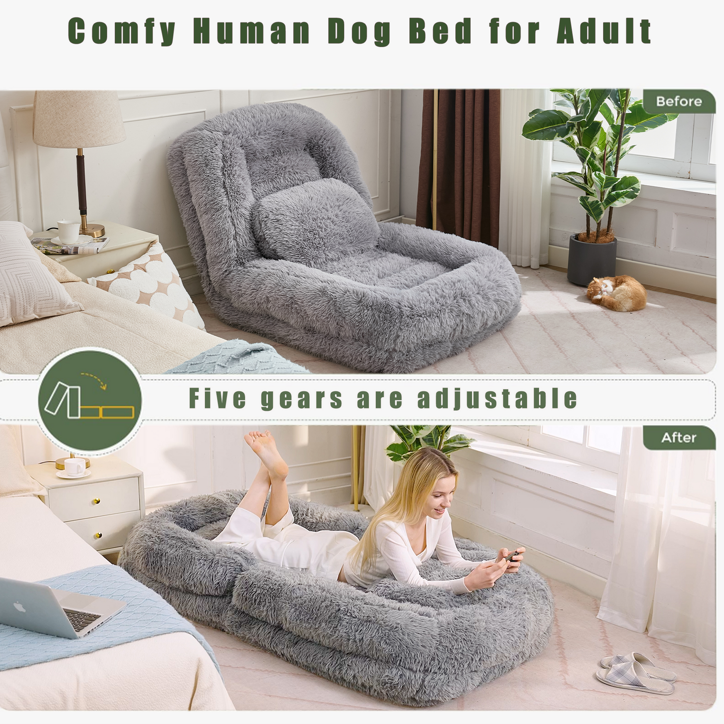 5-Position Adjustable Human Dog Bed & Lazy Sofa - Light Gray