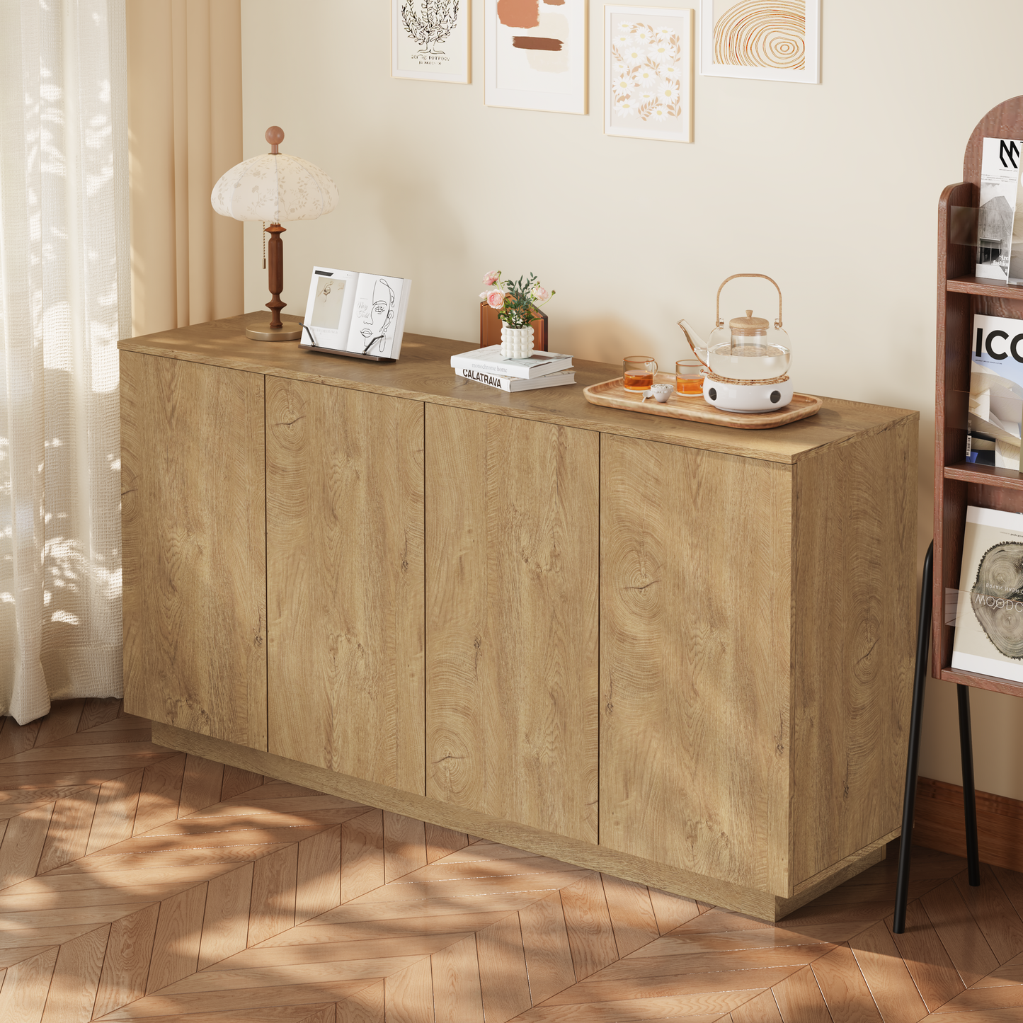 Natural Wood Sideboard Buffet Cabinet with 4 Doors & Adjustable Shelves
