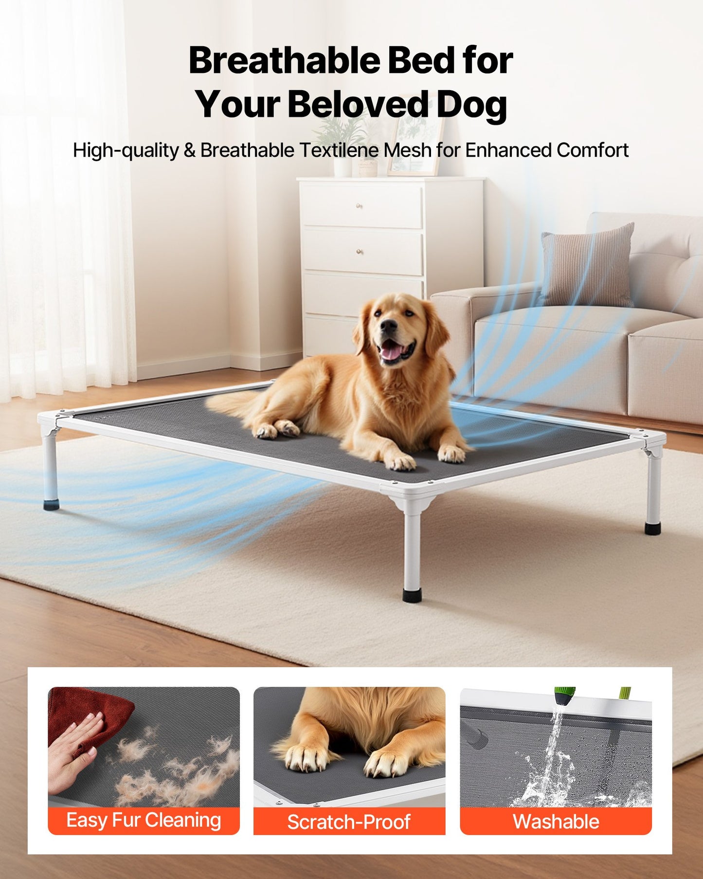 Large Elevated Dog Bed with Breathable Mesh - Portable XL Pet Cot, Grey