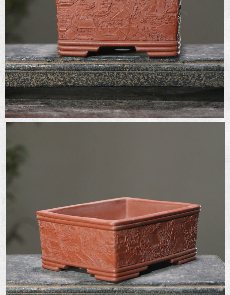 Rotating Rectangular Ceramic Flower Pot Set with Bamboo Basin - Classic Garden Decor