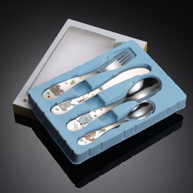 Children's 4-Piece Stainless Steel Cutlery Set - Western Style, Cartoon Design