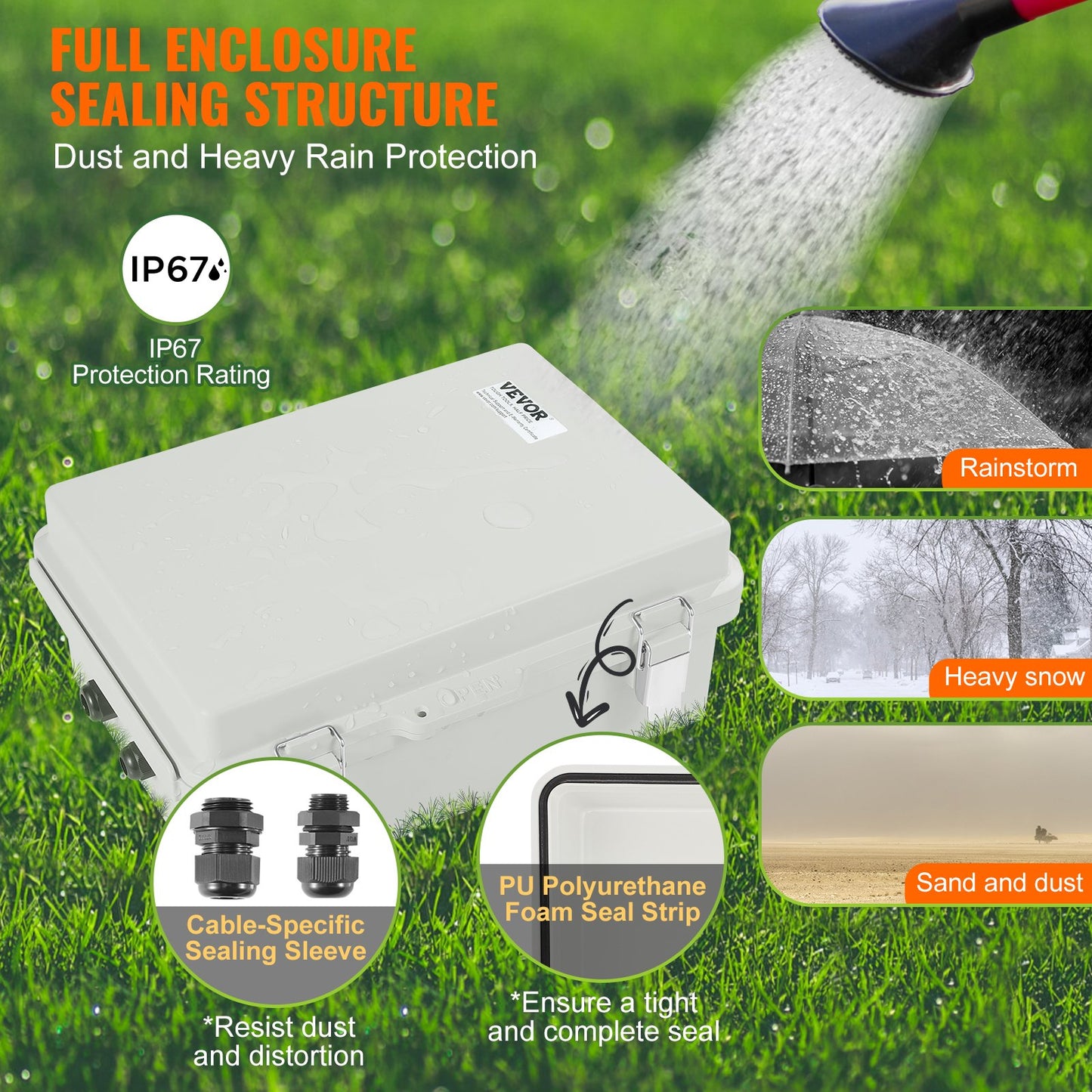 Outdoor Waterproof Electrical Junction Box - ABS Plastic Enclosure with Hinged Cover, Stainless Steel Latch, IP67 Dustproof Waterproof, 16.93 x 12.99 in
