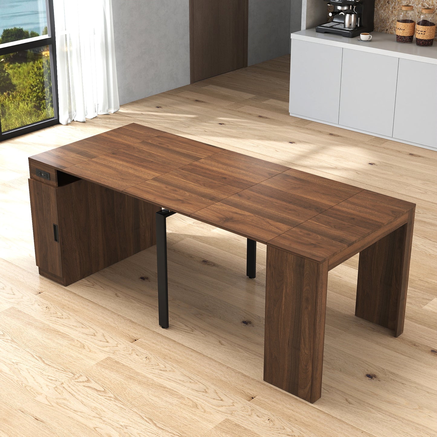 Modern Extendable Dining Table with Outlet - Walnut Finish