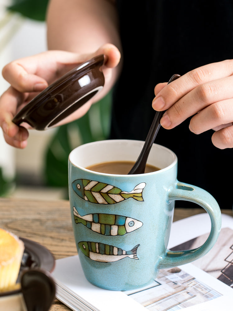 Ceramic Fish Pattern Coffee Cup with Lid and Spoon - 350mL Blue