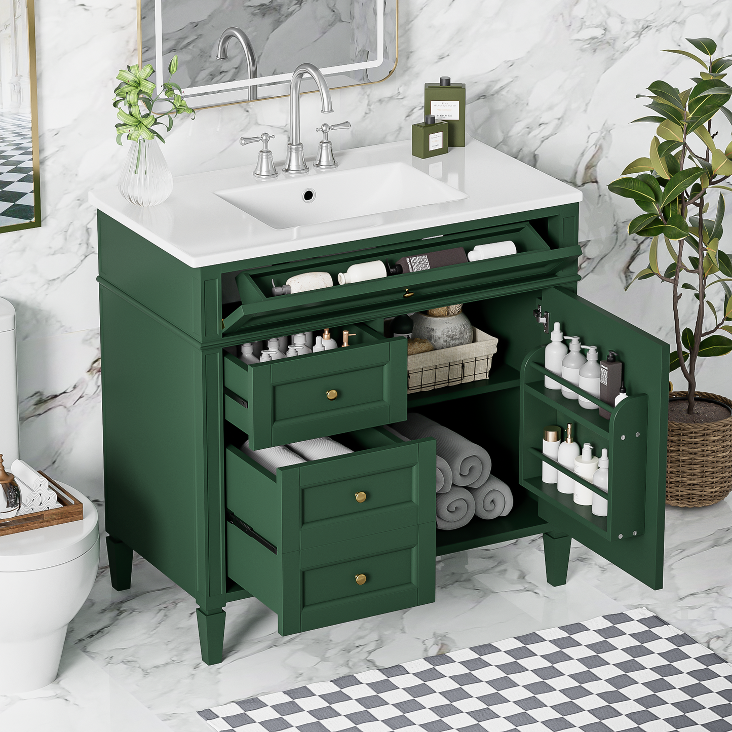 36'' Modern Bathroom Vanity with Sink & 3 Drawers - Garnet/Green
