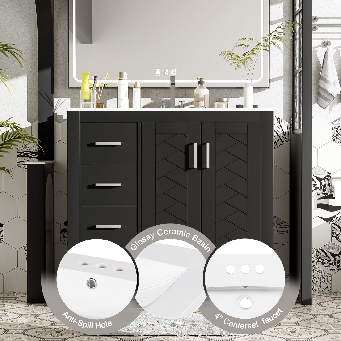 36-Inch Black Bathroom Vanity with Ceramic Sink & Soft-Close Drawers