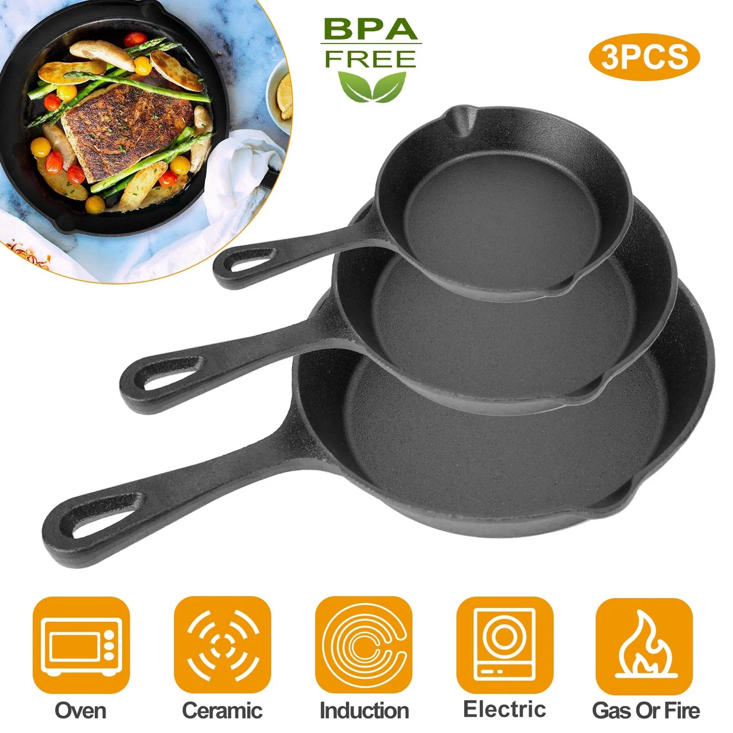 Cast Iron Skillet Set - 3 Pre-Seasoned Non-Stick Pans, 6-10 inch