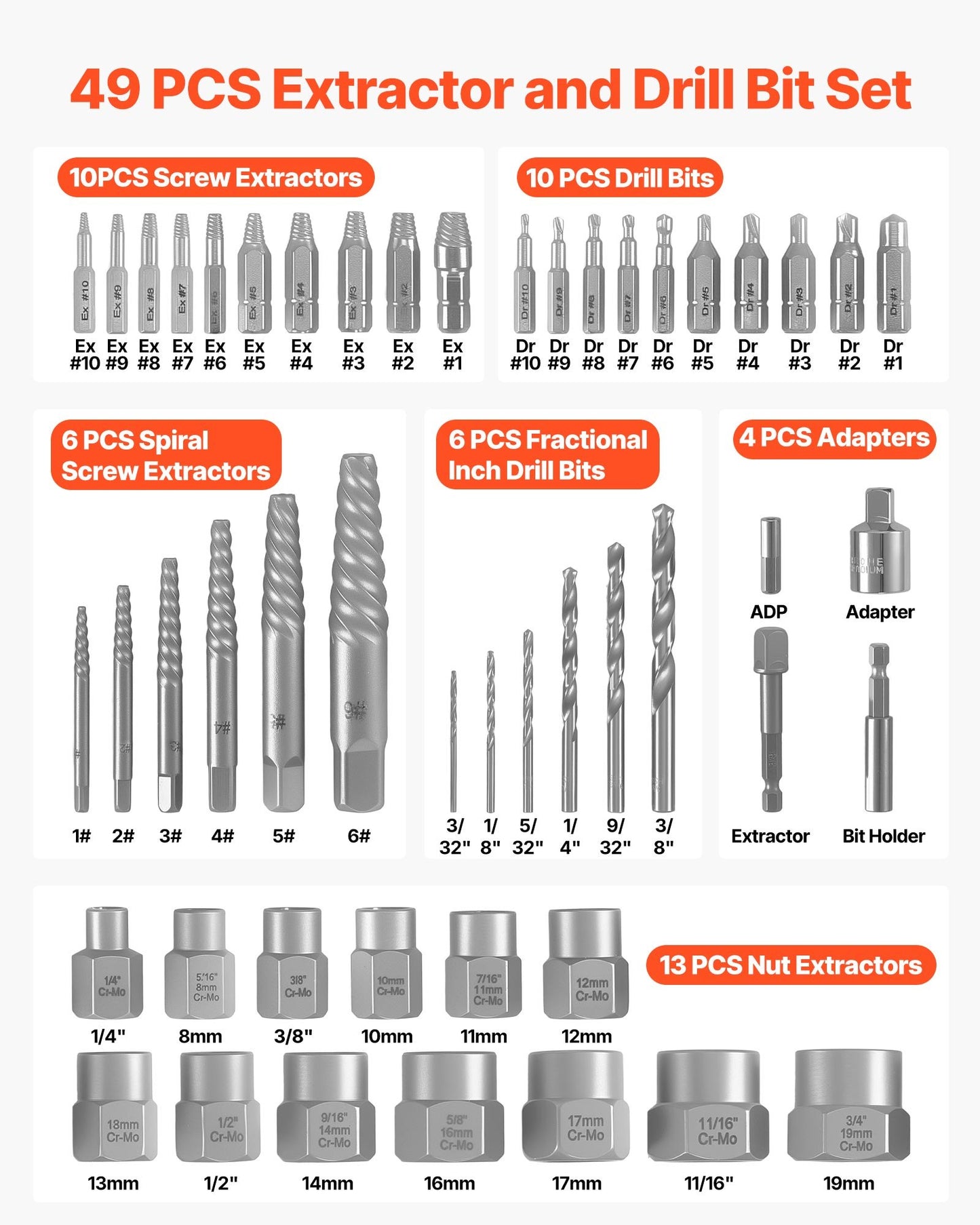 49-Piece Screw Extractor Set with Drill Bits & Adapters - Heavy Duty Fastener Removal, Black